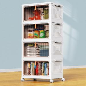 4 Tier Plastic Storage Bins with Lid 24QT, Stackable Storage Containers with Wheels, Folding Storage Boxes, Collapsible Storage Bins, Closet Organizers and Storage for Living Room,Office,Dorm (White)