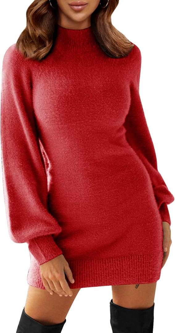 EXLURA Women's 2026 Mock Neck Ribbed Long Sleeve Bodycon Pullover Cute Mini Sweater Dress Vacation Outfits Winter Clothes (Red, Small)