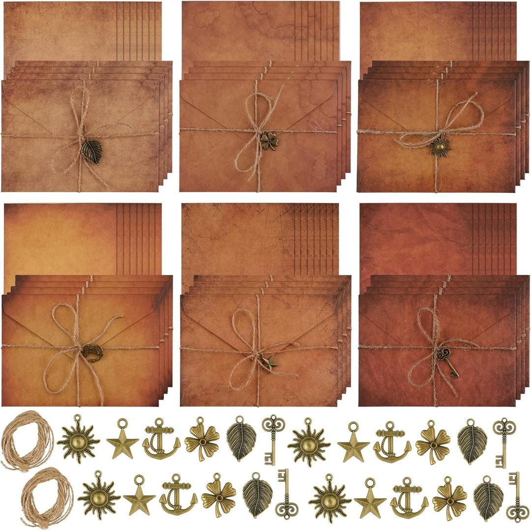 Vintage Stationary Paper and Envelopes Set, Writing Stationery Paper Letter and Envelopes Includes Sheets Antique Letter Papers, Kraft Envelopes, Retro Accessories, Rope (120 Pieces)