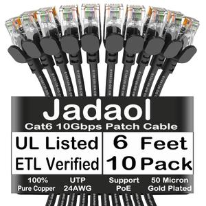 Jadaol Cat6 6ft 10 Pack Patch Cable, 10Gbps High-Speed Ethernet Patch Cables, Support Cat8/7 Network, 24AWG Pure Copper, RJ45 Gold-Plated Connectors, LAN Network Cable for Patch Panel to Switch, Black