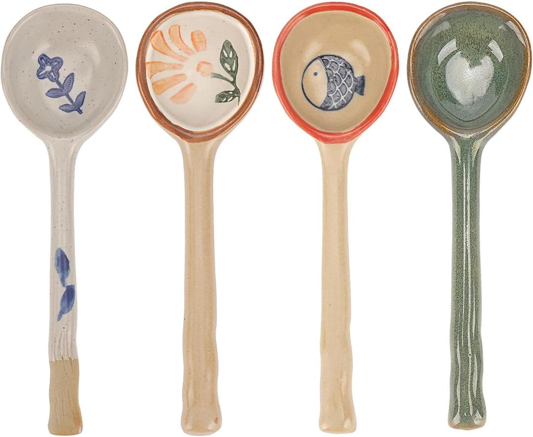 4 Pack Japanese Ceramic Soup Spoons, Long Handle Japanese Round Soup Spoon, Hand-Painted Porcelain Soup Spoons for Ramen Wonton Noodles Miso Dumplings