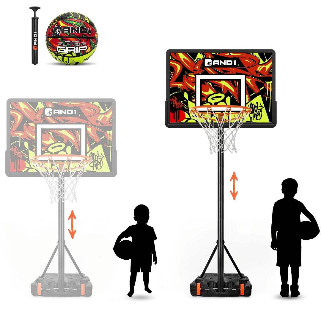 AND1 32" Youth Basketball Hoop & Basketball Bundle - Adjustable Portable Outdoor Hoop, 5-7 ft Adjustable Height