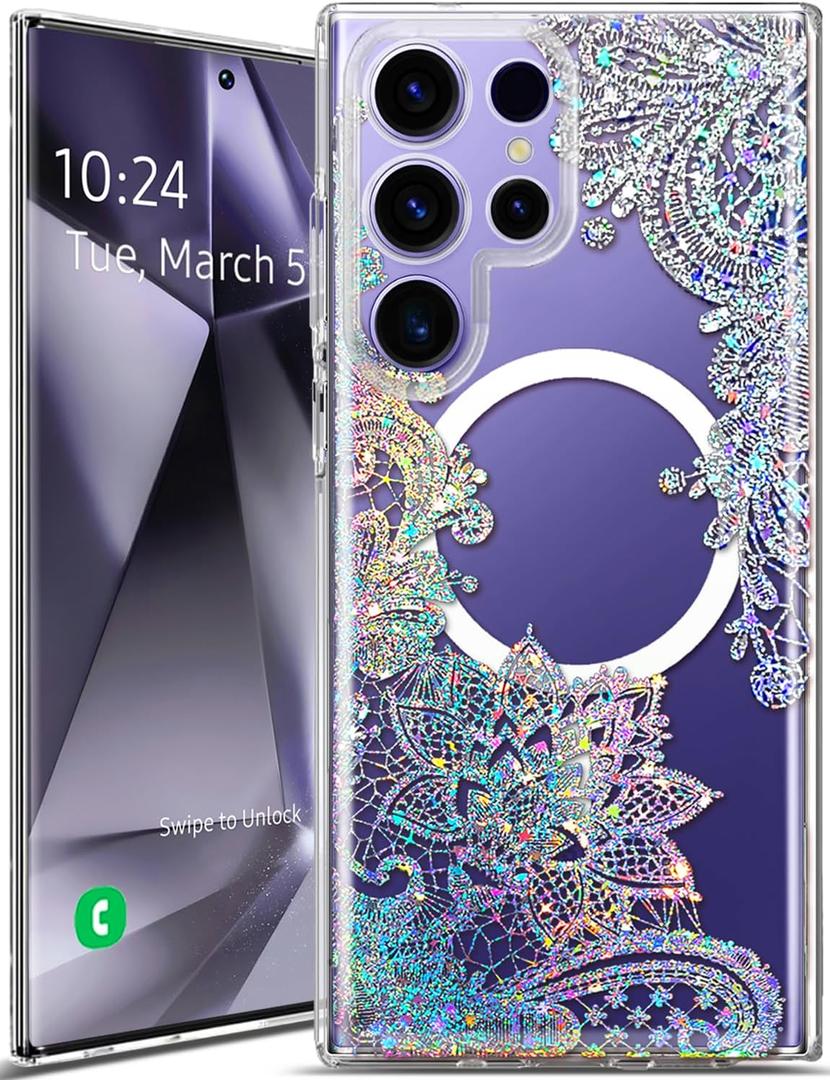 Coolwee Magnetic for Samsung Galaxy S24 Ultra Case, Compatible with MagSafe, Cute for Women Girls, 10FT Military Grade Protective Cover for Galaxy S24 Ultra Case Glitter, Clear Bling Lace Mandala