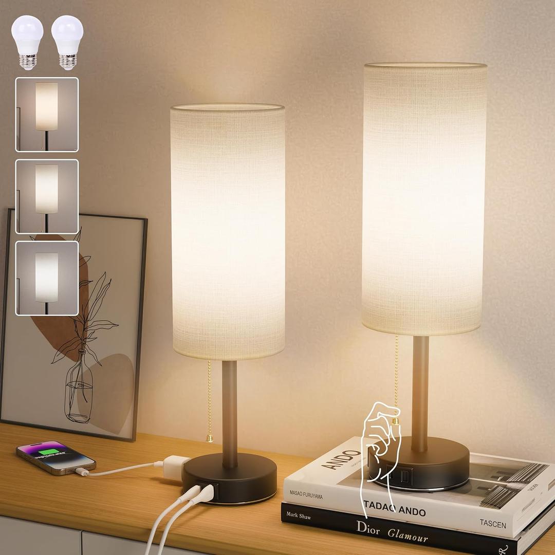 ONYXA 20 Black Bedside Lamps Set of 2 with AC Outlet, USB A & C Charging Port, 3 Color Temperatures Table Lamps with Pull Chain Switch, Nightstand Lamp with E26 Bulb for Bedroom, Office & Living Room