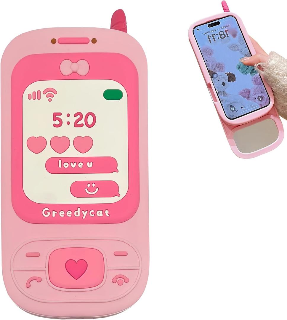 Mirror Case Compatible with iPhone 15Cute Kawaii 3D Cartoon Retro Phone Cover Fun Soft Rubber Shockproof Protector for Women Girls-Push and Pull Pink