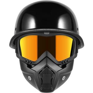 Motorcycle Half Helmets with Face Shield, German Style Motorcycle Helmet for Adult Men Women, DOT Approved Retro Half Shell Helmet for Moped Cruiser Scooter (X-Large, 1Bright Black)
