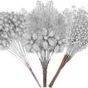 Alupssuc 24 Pcs 3 Styles Glitter Christmas Tree Picks and Holly Berry Stems Christmas Decorations Set, Poinsettia Flowers Artificial for Xmas Tree Ornaments or Party Wreath Fireplace, Silver