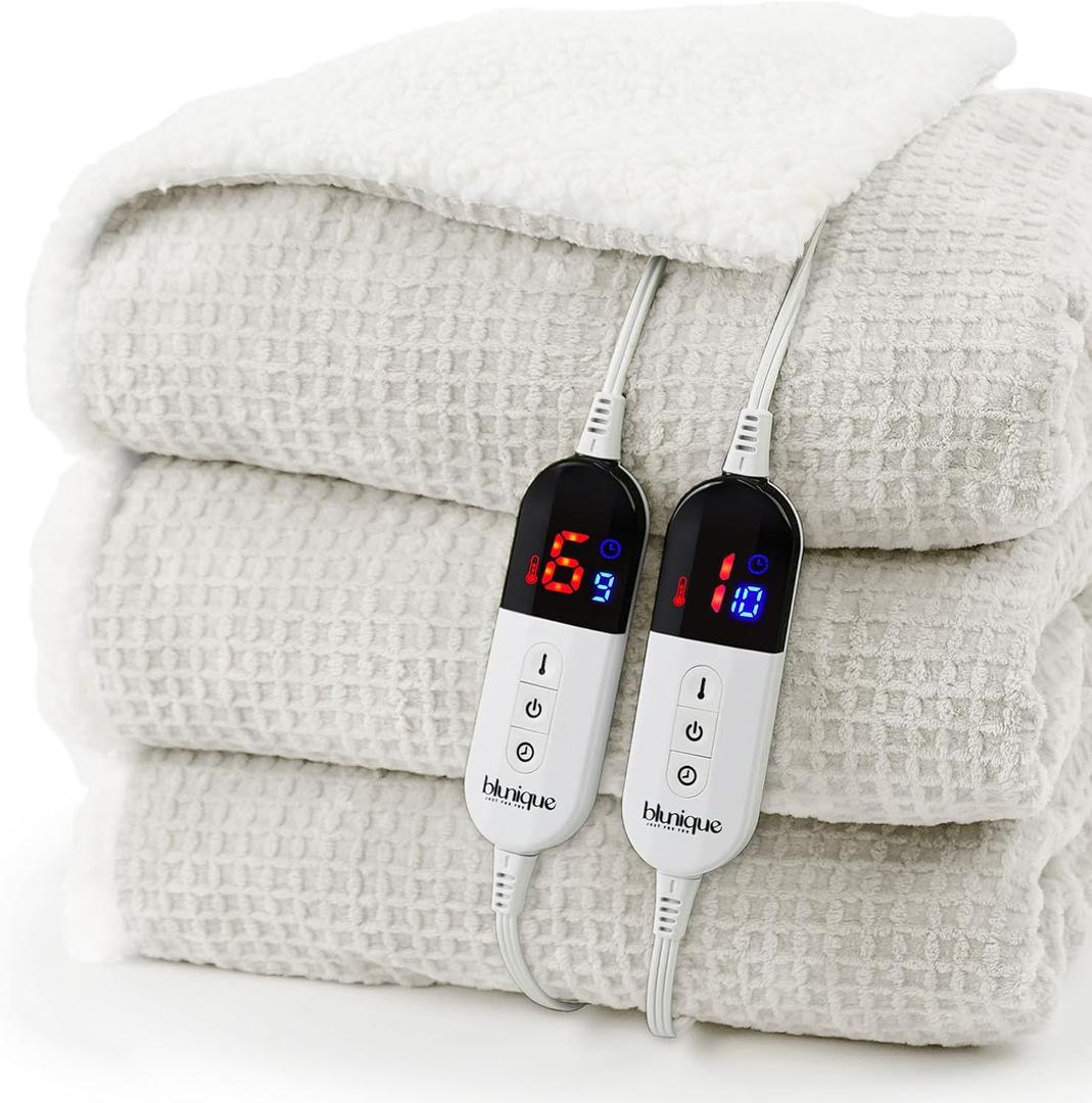 Heated Blanket Electric Blanket Queen Waffle, 84x90 Inches Dual Controllers Sherpa Fleece Fast Heating Blanket 6 Heating Levels & 10 Hours Auto Off ETL Certification, Light Gray Queen