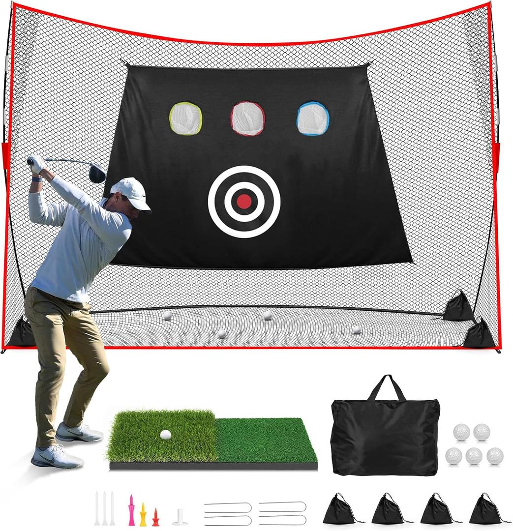 Golf Net: 10x7ft Heavy Duty Golf Practice Net for Indoor/Outdoor Training, Portable Golf Hitting Net with Carry Bag, Ideal Golf Training Aid for Golfers Backyard Driving Chipping Swing (Standard)