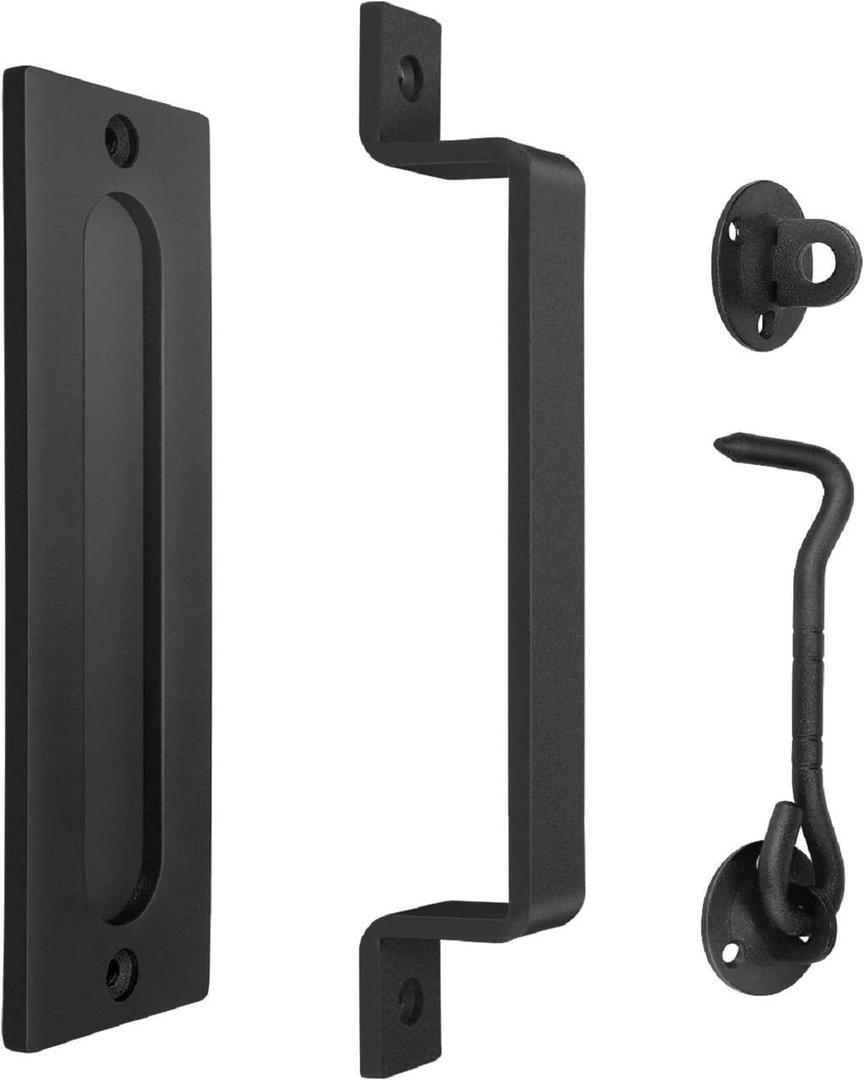 Barn Door Handles Matte Black - Easy to Install, Heavy Duty Barn Door Handle with Flush Pull and Lock Latch