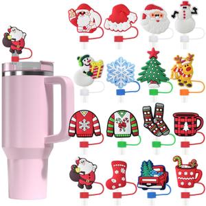 7pcs Christmas Straw Covers - Silicone Covers for 10mm Straws, Reusable Straw Cover Caps for Christmas Decor, Stanley Cup Straw Toppers Gifts Holiday Decorations