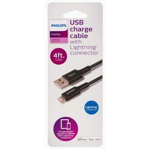 Philips Usb Charger Cable With Lightning Connector, 4 ft, Black