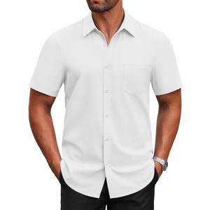 COOFANDY Men's Short Sleeve Button Down Shirts Casual Dress Shirts for Men Untucked Shirt with Pocket (White, XXL)