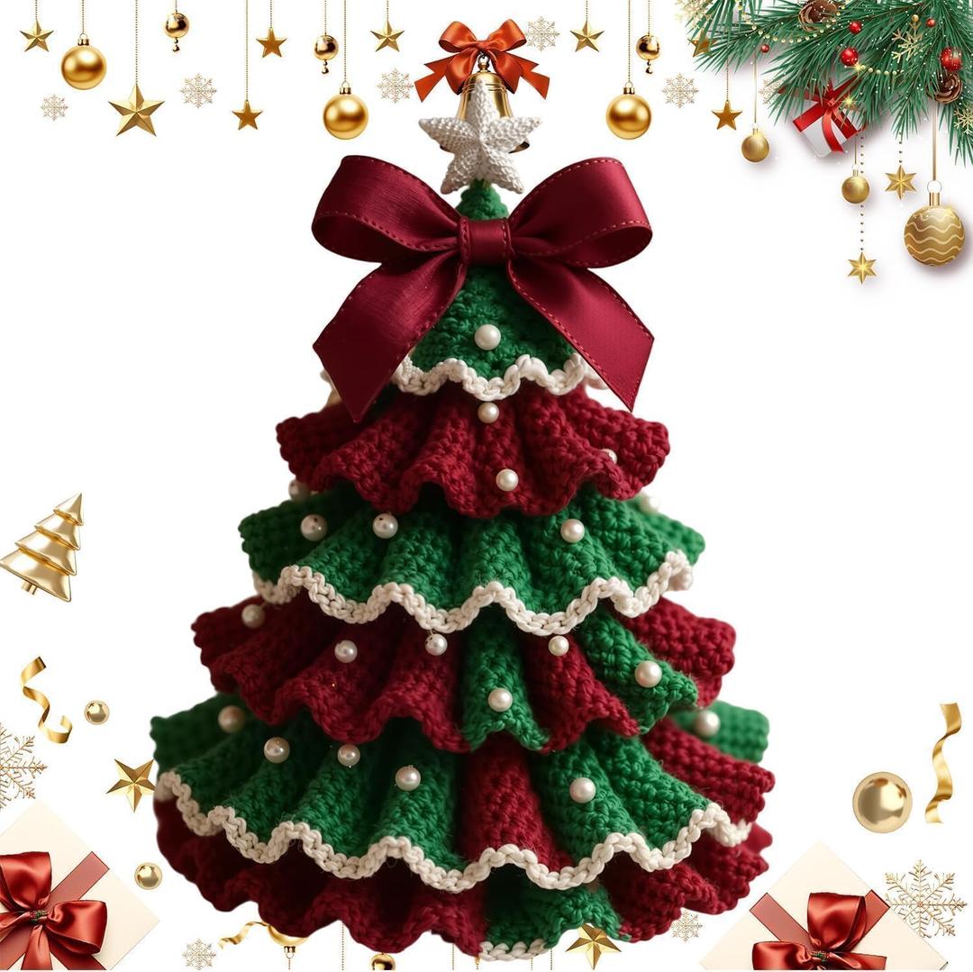 DIY Crochet Christmas Tree Kit,Handmade Crochet Christmas Tree,Tree Bow Pearl Embellishment,Beginner Christmas Crochet Kit,Christmas Craft Kit with Yarn Hook Beads Instructions