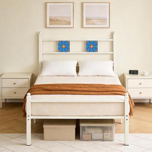 Twin Metal Bed Frame with Ceramic Tile Decor Headboard