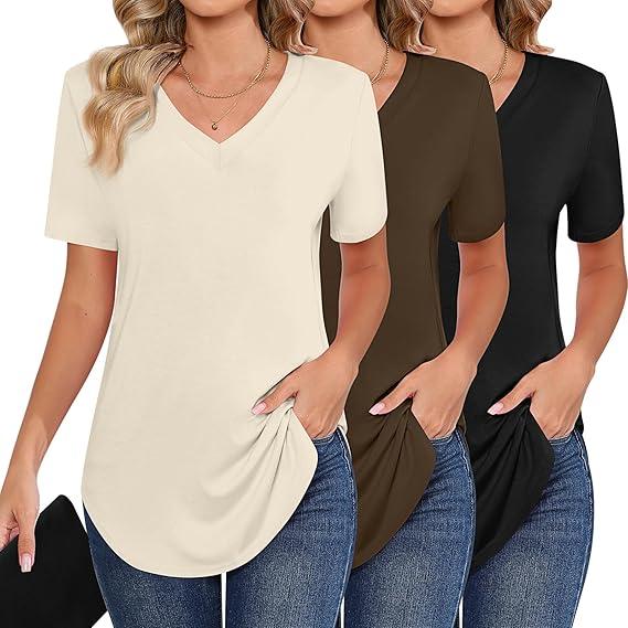 Ficerd 3 Pack Women's Short Sleeve Tunic Tops, V Neck Curved Hem Shirt Casual Summer Basic Tshirts Tee Blouse, Medium, Black/Brown/Cream