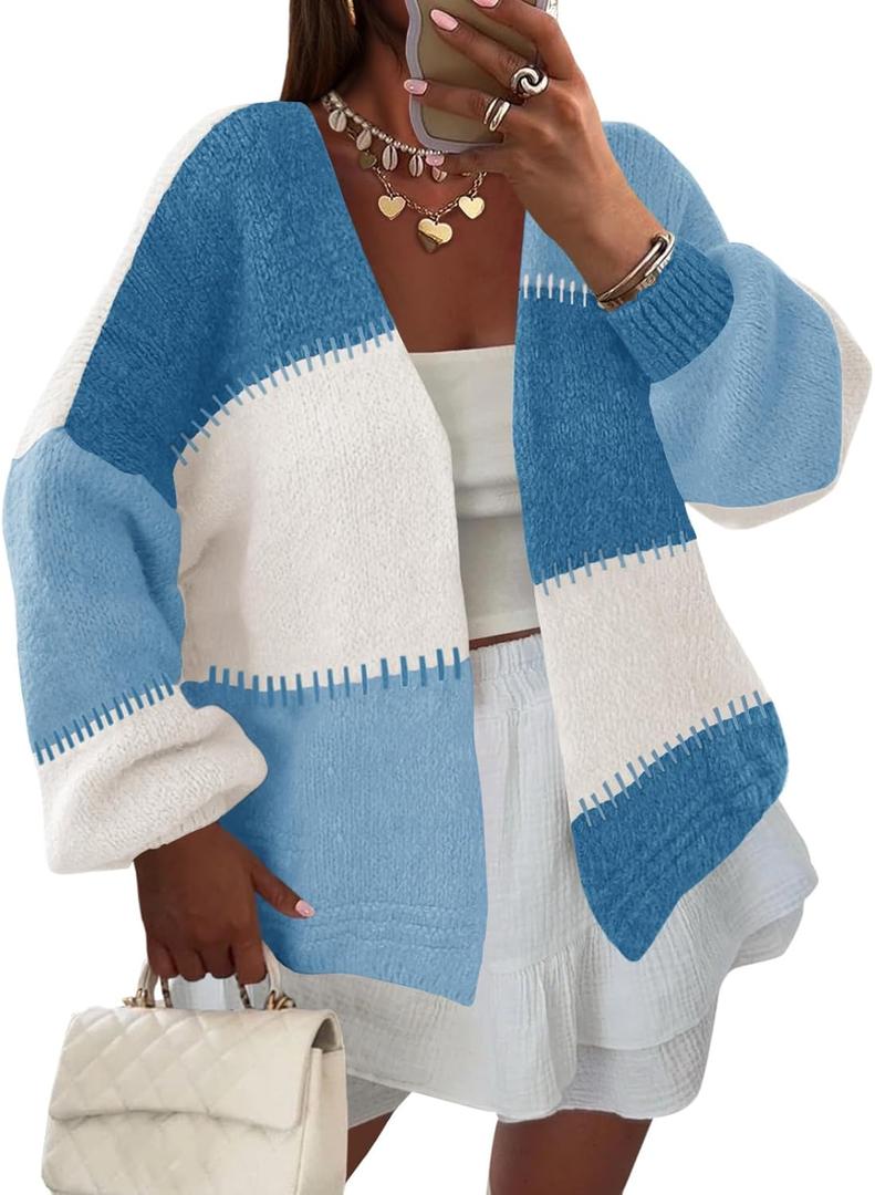 Yousify Womens Cardigan Sweater Color Block Open Front Long Puff Sleeve Casual Chunky Knit Cardigans 2025 Fall Outerwear (L)