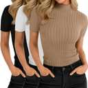 3 Pack Women Mock Turtleneck Shirts Short Sleeve Ribbed Lightweight Basic Layering Cotton Tops Slim Fit Tunic Tees (Medium, Khaki, White, Black)