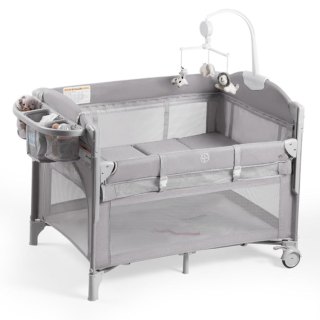 Rinnebbit Baby Bassinets Bedside Sleeper, 4 in 1 Portable Bedside Crib w/Mattress, Diaper Changer, Storage Basket, Music Box, Carry Bag, Foldable Playard Sleeper for Newborn (Light Gray)