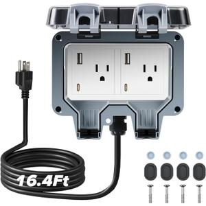 Outdoor Power Outlet Box with 16.4Ft Extension Cord, Type C & USB Ports, STW 14 AWG, NEMA 5-15R Dual Electrical Outlets, Weatherproof Waterproof IP66, Exterior Wall Socket with Cover for Garden