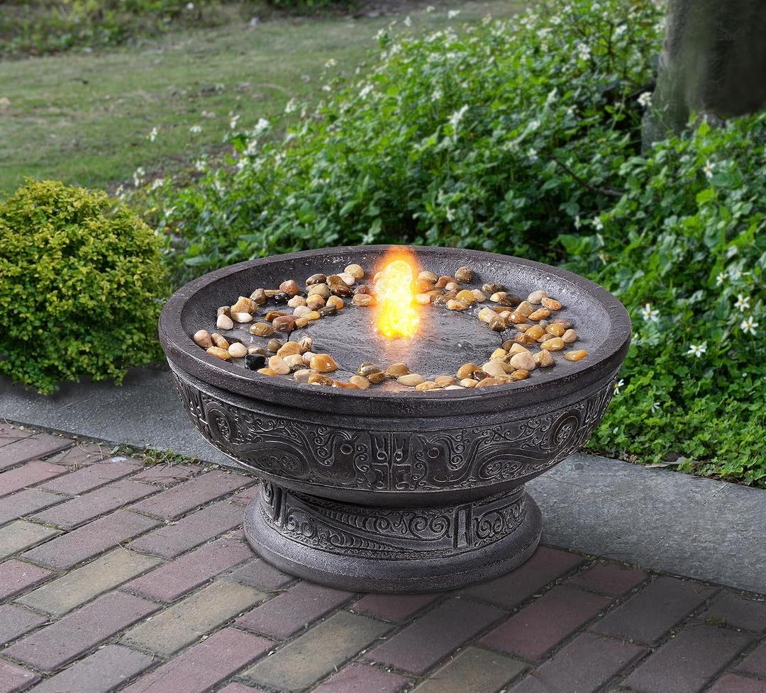 Outdoor Water Fountain with Led Light Decorative Pedestal Bowl Design with River Stones Home Decoration, Modern Garden Fountain for Patio Decor