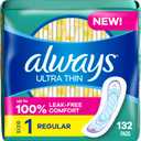 Always Ultra Thin Pads without Wings, Size 1, Regular, 132 Count (3 Packs of 44)