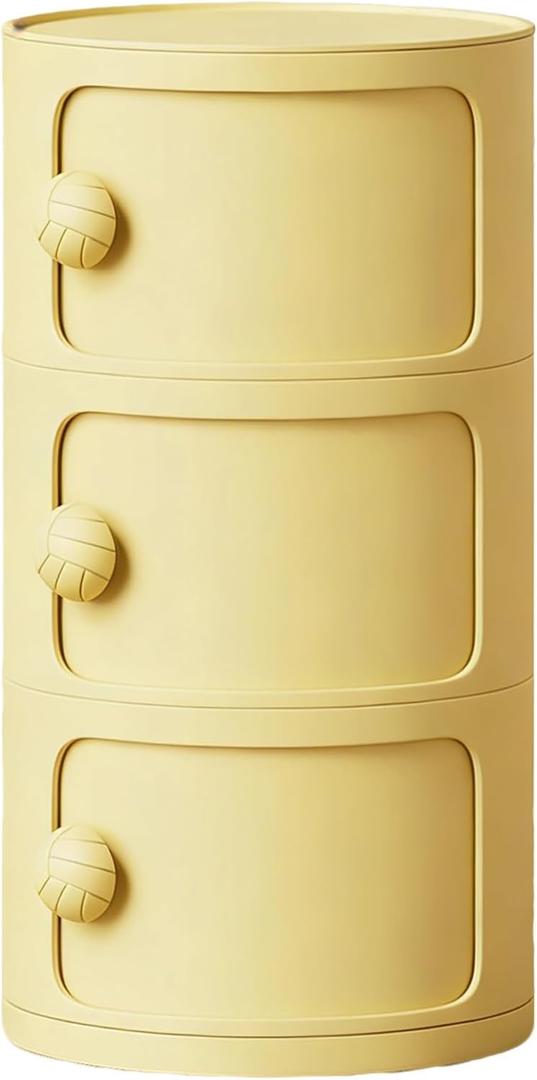 3 Tier Round Nightstand with Drawers, Plastic Yellow Nightstand Modern Round Bedside Table with Handles and Sliding Door for Bedroom, Living Room, 12.59 x 12.59 x 22.44 inches