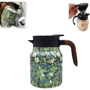 Vintage Floral Pattern Tea, 316 Stainless Steel, Vintage Floral Pattern Tea-Built-In Infuser, Stainless Steel Thermal Carafe with Lid for Hot Drinks(Wooden Handle, Green-1000ml)
