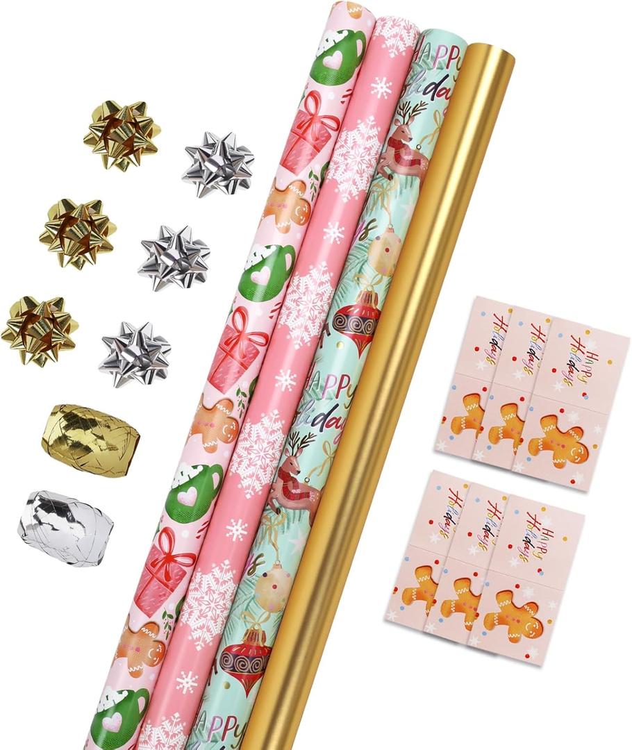 LaRibbons Christmas Wrapping Paper Set, Snowflake & Reindeer & Gingerbread Man Design with Gift Bow & Ribbons & Tags, Perfect for Christmas, Winter Party, 30 Inch X 10 Feet (4Rolls, 100 sq.ft.ttl.)