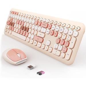 Wireless Keyboard and Mouse Combo, Colorful Ergonomic Full Size Retro Low-Noise Keyboard with Cute keycaps, Compatible with Windows, PC, Perfer for Home and Office Keyboards (Brown)