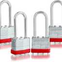 Pack of 4 Keyed-Alike Padlocks with Same Keys Long Shackle Hardened Steel Padlock with 8 Keys for Sheds Gates Fences Toolbox (Red)