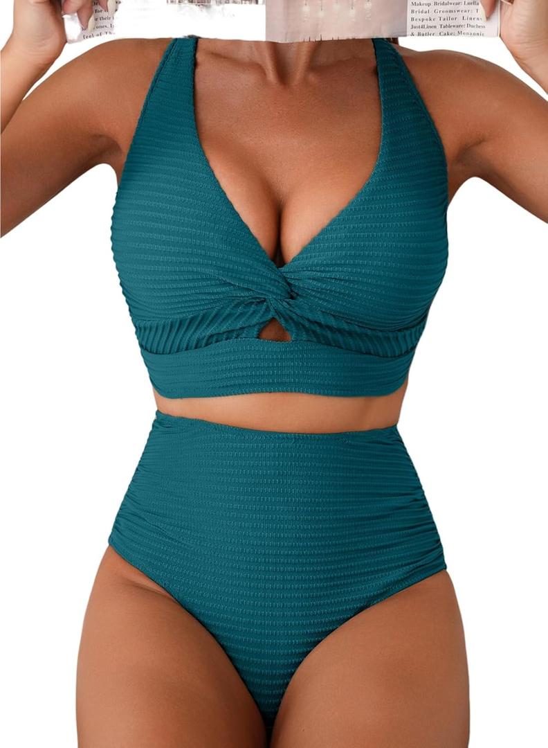 Herseas Women's Textured Bikini Sets Twist Front Top Swimsuits High Waisted Bathing Suits (Green, M)