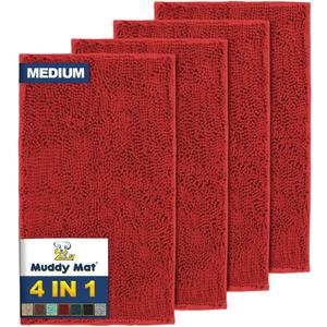 Muddy Mat 4-Piece Red Medium 30"X19" AS-SEEN-ON-TV Highly Absorbent Microfiber Door Mat, Bath Mat and Pet Rug, Non Slip Thick Washable, Soft Chenille for Kitchen Bathroom Bedroom Indoor and Outdoor