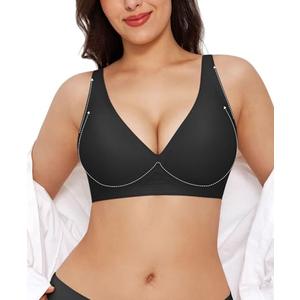 Jelly Bra Comfortable Bras for Women Wireless Push Up Bra Seamless Comfy No Underwire Supportive Bralettes Deep V Tshirt Bras Black M