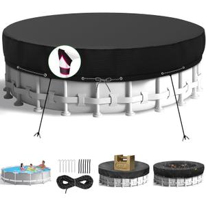 18Ft Round Pool Cover,Heavy Duty Waterproof Round Pool Covers for Above Ground Pools with Ground Nails and Windproof Ropes,Increase Stability&Tear-Resistant, Waterproof and Dustproof, Black