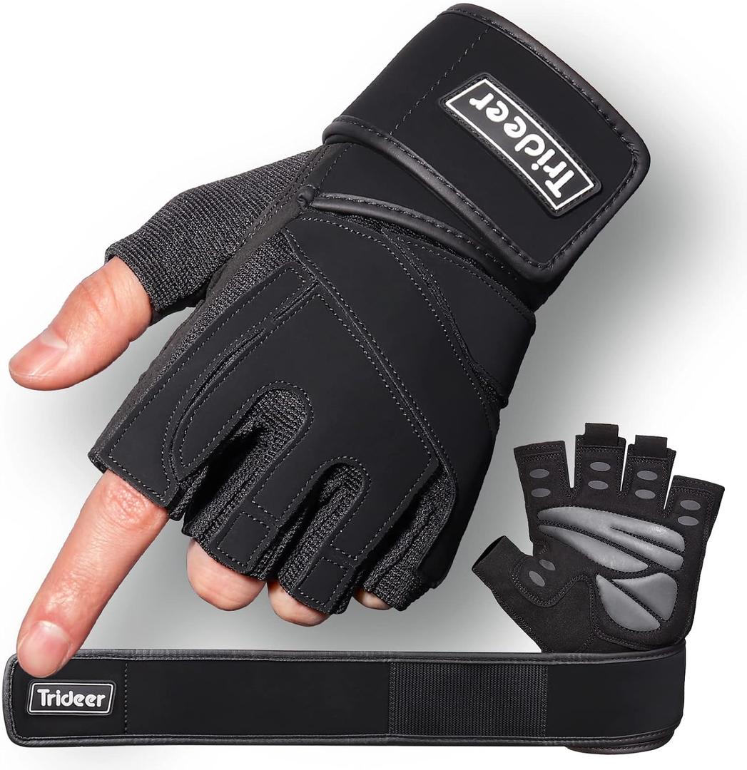 Trideer Workout Gloves for Men, Weight Lifting Gloves with Wrist Wrap Support, Full Palm Protection & Extra Grips for Weightlifting, Exercise, Cross Training, Fitness, Pull-up (Black), Medium