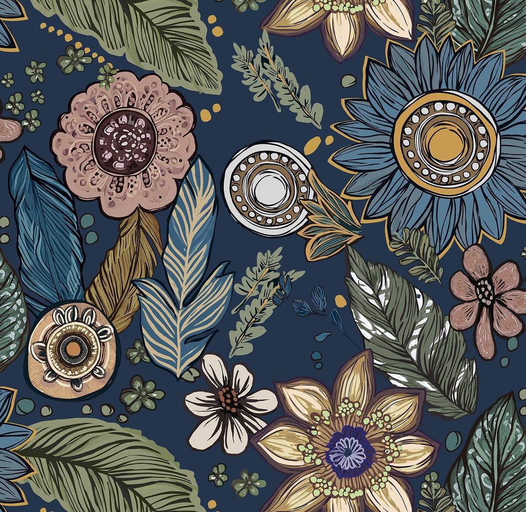 Safiyya Blue Boho Wallpaper Peel and Stick Vintage Floral Contact Paper Dark Botanical Flowers Wall Paper Modern Self Adhesive Removable Wallpaper for Bedroom Bathroom Vinyl Roll 78.7"x17.3"