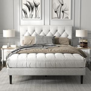 HAOARA Queen Size Platform Bed Frame with Upholstered Button Tufted Headboard, Mattress Foundation with Wooden Slat Support, Noise Free, No Box Spring Needed, Easy Assembly, Light Grey 