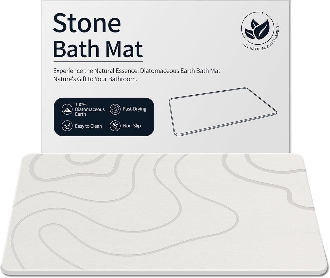 Stone Bath Mat for Bathroom, Diatomaceous Earth Shower Mat Quick Dry, White, 24" x 16"