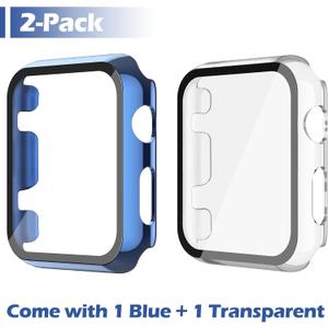10 x Misxi 2 Pack Hard PC Case with Tempered Glass Screen Protector Compatible with Apple Watch Series 2 Series 3 42mm, Anti-Drop Scratch Resistant Lightweight Cover for iWatch, 1 Blue + 1 Transparent