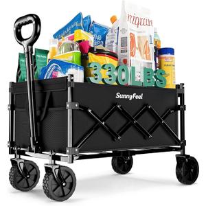 SunnyFeel 330lbs Wagons Carts Foldable,Heavy Duty Collapsible Folding Wagon Carts with Wheels,Lightweight Fold Up Wagon Cart for Outdoor Camping Shopping Sports Beach Garden Grocery (Small, Black)