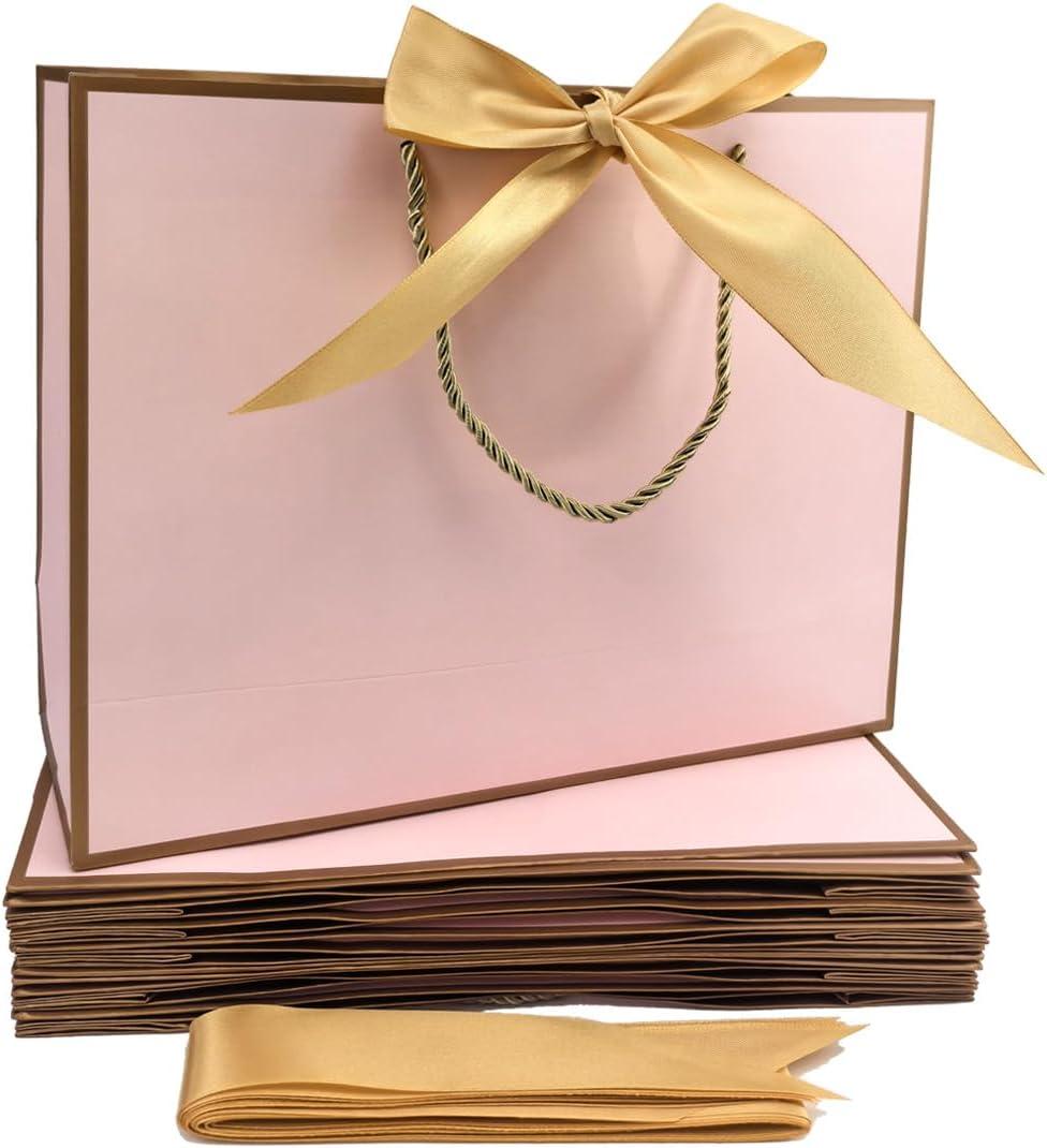 TKSBAG 12PCS Gift Bags Medium Size with Handles, 12.5 x 9.8 x 4.3 In Pink Gold Thank You Bags with Bow Ribbon for Wedding, Birthday, bridesmaid, Groomsmen, Party Favors, Mother's Day