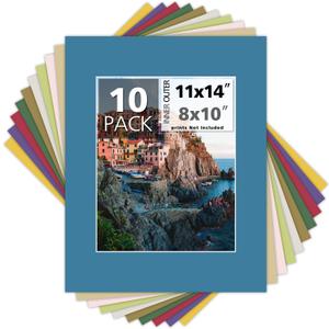 Mat Board Center, Pack of 10 11x14 Mixed Colors White Core Picture Mats for 8x10 Pictures
