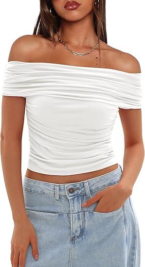 QINSEN Darong Women Mesh Off The Shoulder Top Short Sleeve Double Lined Ruched Shirts Trendy Going Out Tops Summer Fashion Clothes, M