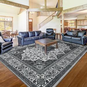 Area Rug for Living Room, 8x10Ft Machine Washable Large Grey Rugs for Dining Room, Non-Slip Vintage Carpet for Bedroom Office Dining Room Nursery Farmhouse