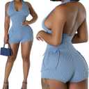 Molilove Women's Sexy Short Jumpsuits V Neck Sleeveless High Elasticity Short Rompers with Pockets Bodycon One Piece Outfits (XX-Large, Blue)