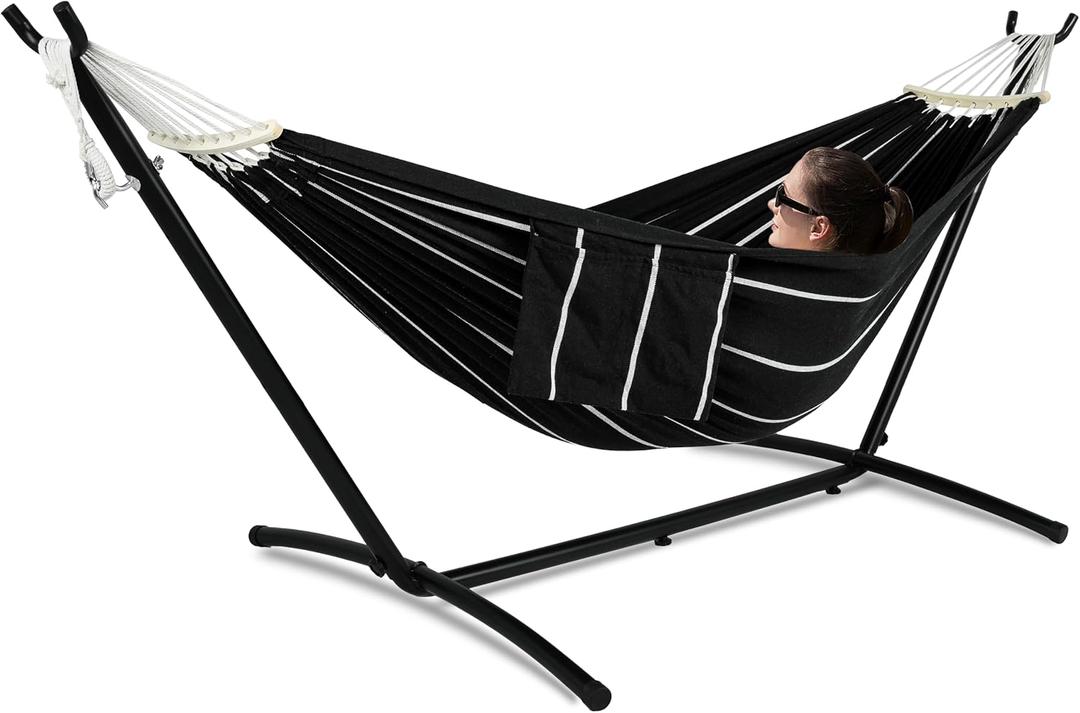 GAFETE Double Hammock with Stand for Outside, Upgraded Spreader Bar, Heavy Duty Space Saving Steel Stand 2 Person, Side Pockets, Easy Assembly, 600lbs Weight Capacity, Indoor & Outdoor (Darkness)