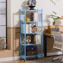 DEANIC 5-Shelf Folding Bookcase with Wheels, Heavy Duty Storage Shelves, Freestanding Metal Wire Shelving Unit for Living Room, Office, Kitchen, Basement, Pantry(Blue), Compact 5 tier