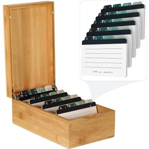 MaxGear Index Card Holder, 3 x 5 Inch Business Card Organizer for Desk with 4 Dividers, Bamboo Index Cards Box with A-Z Tabs Holds 600 Cards for Recipe Flash Storage