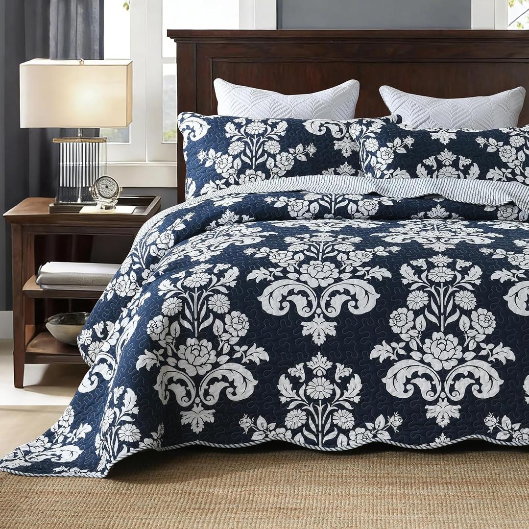Navy Blue Quilt Set King Size 3 Piece - Reversible Damask Floral & Stripe Quilt Bedding Set - 100% Cotton Farmhouse Quilt Set with Shams - All-Season Bedspread CoverletSet | Soft, Breathable, Lightweight (King (106 x 98"))